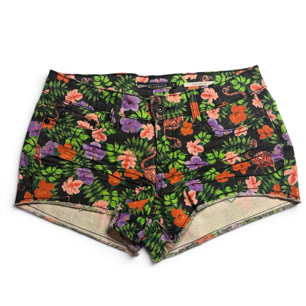 Lovesick Denim Shorts Black Floral Flamingo Tropical Cut Off Raw Hem 1 Women‎